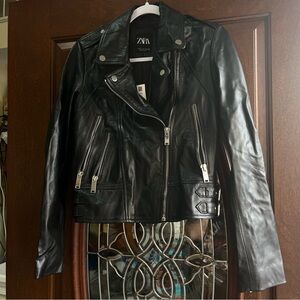 NWT Zara 100% Sheep black leather moto jacket